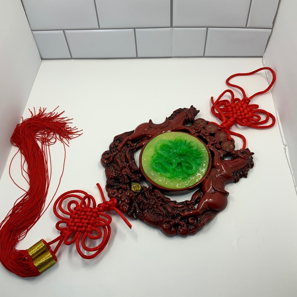 Chinese Feng Shui Dragon Horse Hanging Red Cinnabar Green Faux Jade Resin